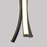A modern pendant light fixture with three curved, black arms featuring integrated LED strips, set against a plain light gray background.