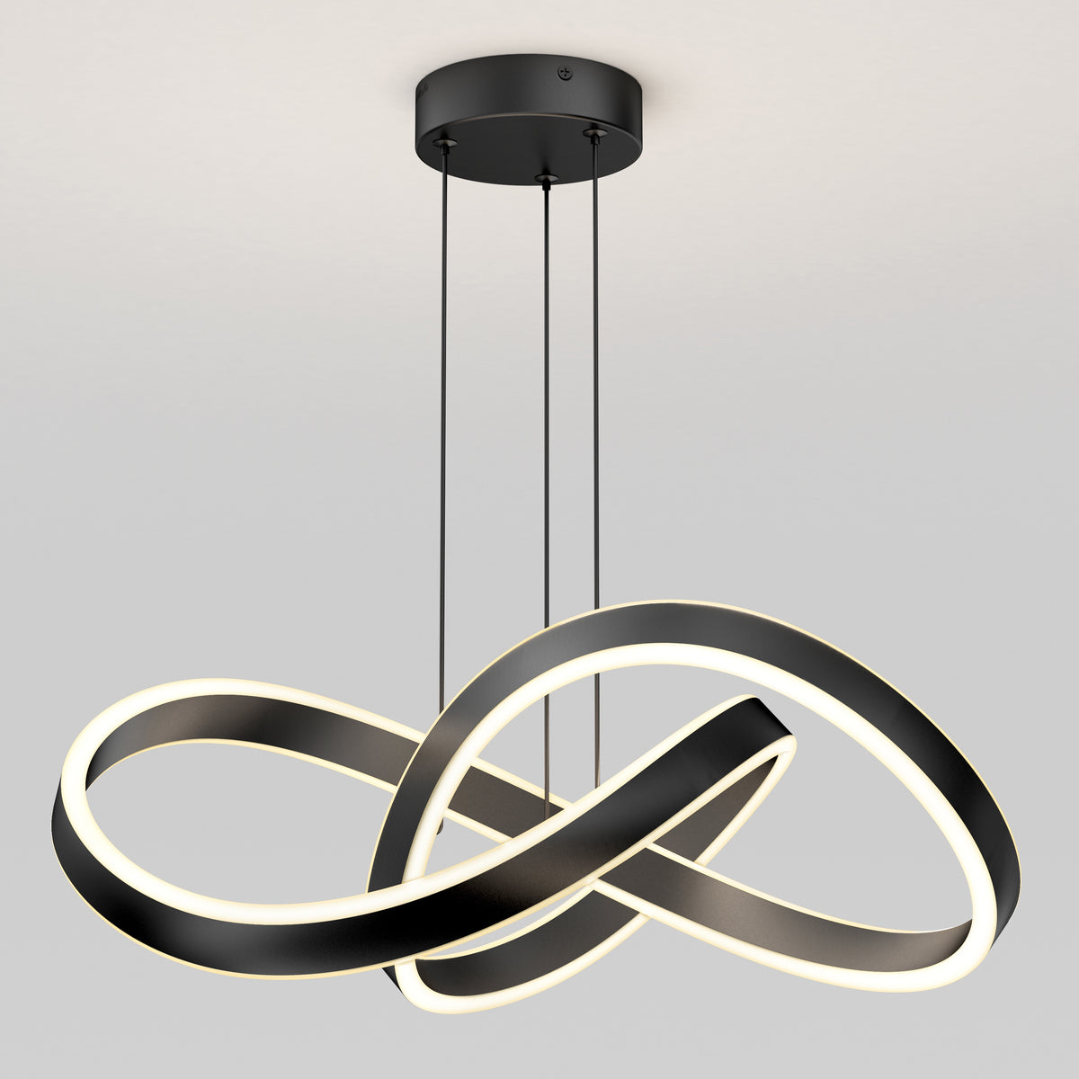 The Artika Bolero LED pendant light 5 CCT features two intertwined black ribbon-like LED loops, suspended from a round black base by three slim cables, shown against a plain light background.