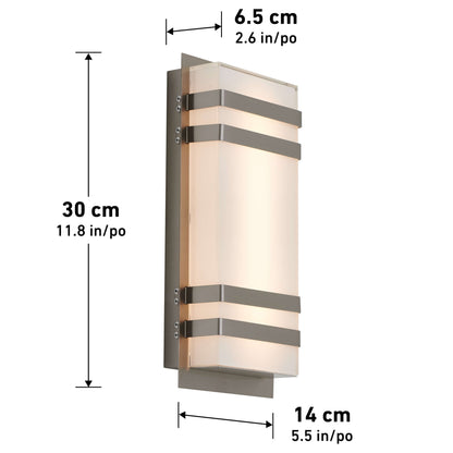 Artika Glowbox 3 indoor-outdoor LED wall light features a wall-mounted rectangular design with frosted glass, horizontal metal bands, and measures 30 cm (11.8) tall, 14 cm (5.5) wide, and 6.5 cm (2.6) deep.