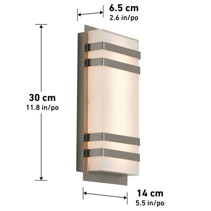 A modern rectangular wall sconce with frosted glass and silver horizontal accents. Dimensions: 30 cm tall, 14 cm wide, and 6.5 cm deep. The design is sleek and contemporary with warm lighting.