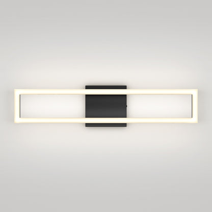 The Artika Dover modern LED bathroom vanity light 5 CCT features a rectangular black base and a glowing horizontal frame, mounted on a light-colored wall. It emits a soft, even glow around the fixture for contemporary elegance.