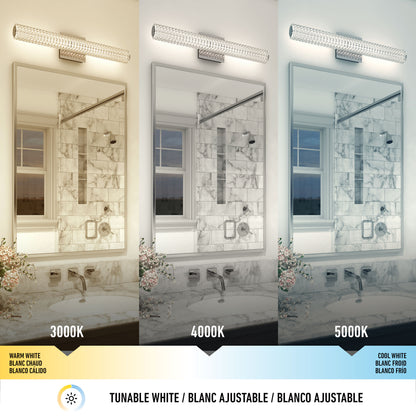 A bathroom scene features the Artika Exalto LED vanity light above a mirror, showing the space illuminated in three color temperatures: warm white (3000K), neutral white (4000K), and cool white (5000K) to highlight lighting effects.