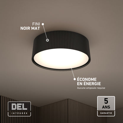 Artika Groove 13 in. (33 cm) Modern LED Flush Mount Ceiling Light 5 CCT, a round black ribbed LED light with a matte finish.