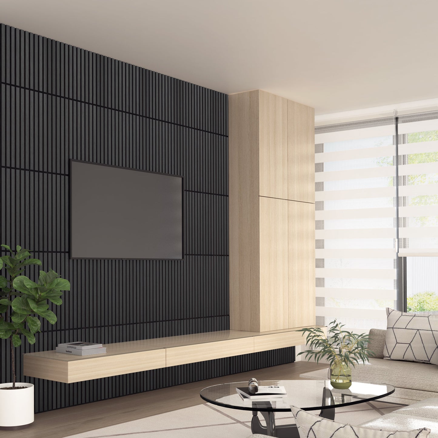 Modern living room featuring the Artika-CAN-dev Sonolok 15.5 ft sound-absorbing wall panel kit as a black slatted accent wall, with a mounted TV, light wood cabinets, floating shelf, potted plant, neutral sofa, glass coffee table, and large window with striped blinds.