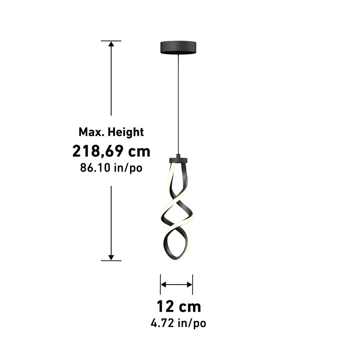The Artika Mini Swirl LED pendant light features a twisted ribbon design, hangs from a round black ceiling mount, measures up to 218.69 cm (86.10 in) in height, and is 12 cm (4.72 in) wide.