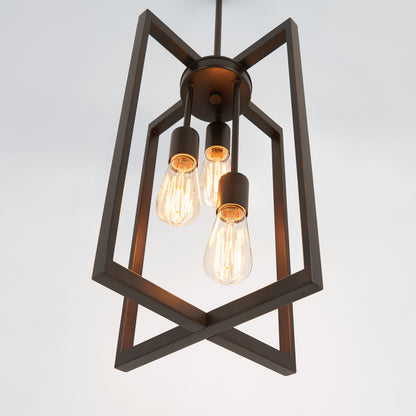 The Artika Yale 3-light Chandelier features three exposed vintage bulbs in a dark-finished geometric open metal frame, suspended from the ceiling against a plain background.