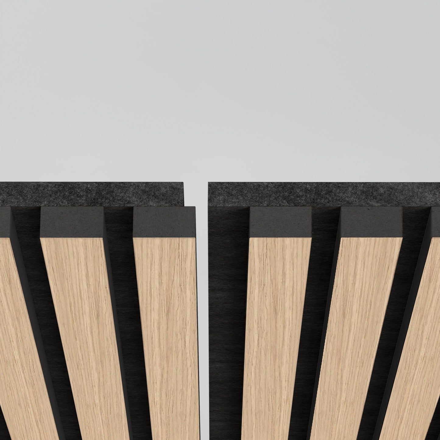 Close-up of two Artika-CAN-dev Sonolok 15.5 ft sound-absorbing wall panels with black backing, separated by a narrow gap, against a light gray background. The panels feature a modern, geometric design.