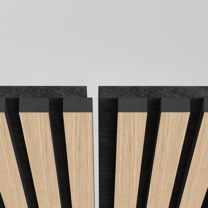 Close-up of two Artika-CAN-dev Sonolok 15.5 ft sound-absorbing wall panels with black backing, separated by a narrow gap, against a light gray background. The panels feature a modern, geometric design.