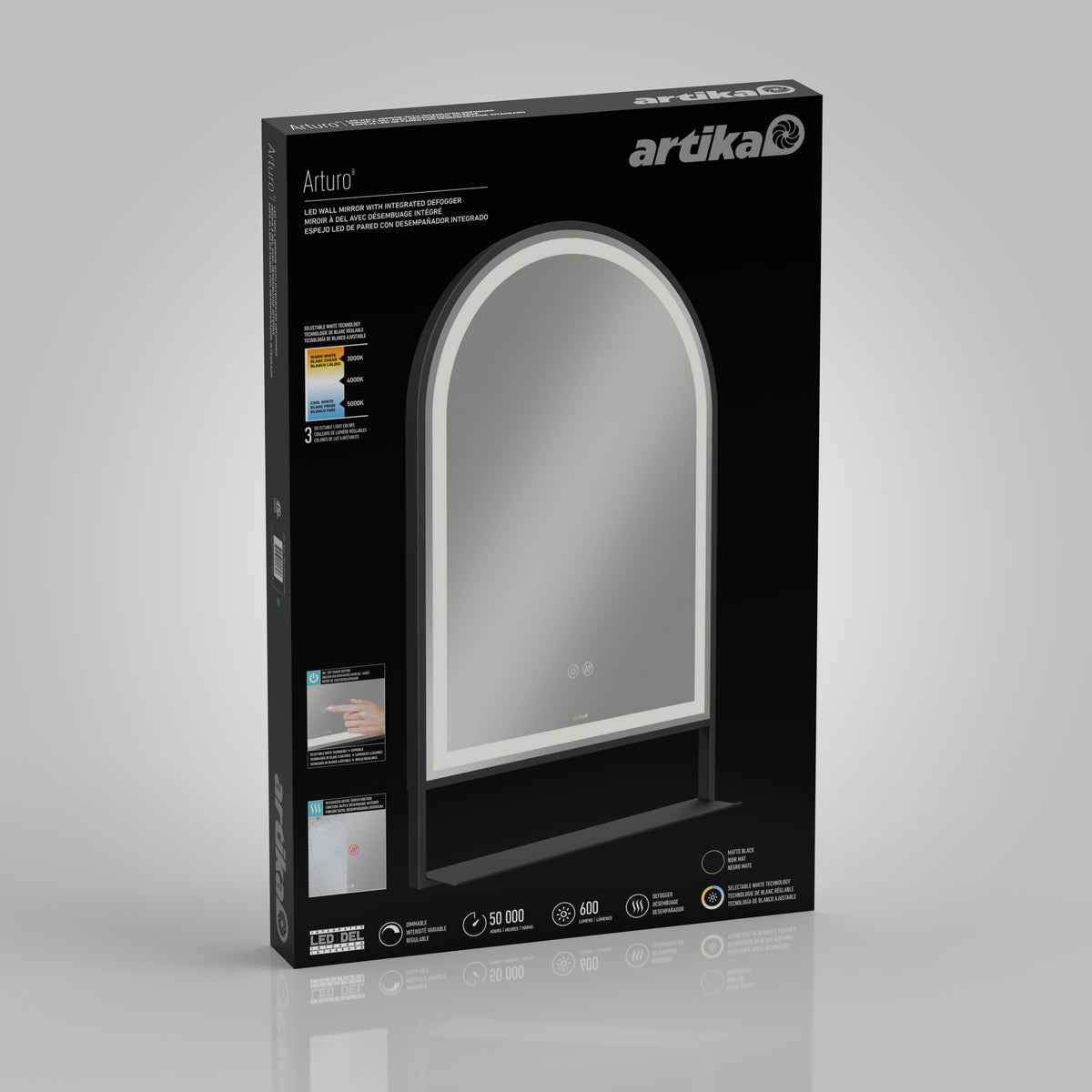 A retail box featuring an arched LED mirror with touch controls. The packaging is black with the brand name artika and product name Arturo displayed, along with feature icons and images demonstrating its functions.