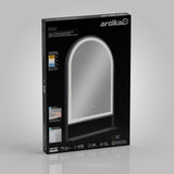 A retail box featuring an arched LED mirror with touch controls. The packaging is black with the brand name artika and product name Arturo displayed, along with feature icons and images demonstrating its functions.