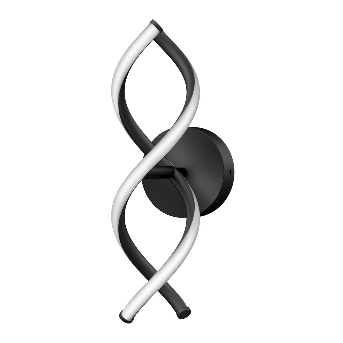A modern wall sconce with two intertwined, spiral-shaped light tubes—one black and one white—mounted on a round black base.