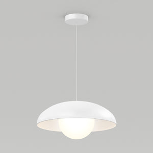 The Artika Boden LED modern mid-century pendant light 3 CCT features a dome-shaped white shade and hangs by a thin cord, showcasing a glowing spherical bulb against a plain light gray background.