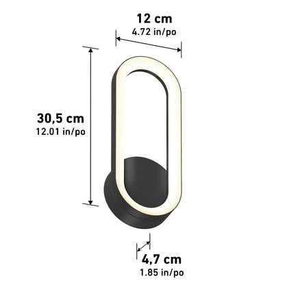 The Artika Aiden modern LED indoor-outdoor wall light 5 CCT features a black base and illuminated border. Size: 30.5 cm tall, 12 cm wide, and 4.7 cm deep with arrows marking each measurement. Oval shape adds a stylish touch.