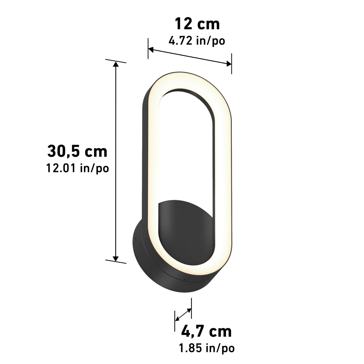 Modern oval wall lamp with black base, illuminated ring design, measuring 30.5 cm (12.01 in) tall, 12 cm (4.72 in) wide, and 4.7 cm (1.85 in) deep. Dimensional arrows indicate each measurement.