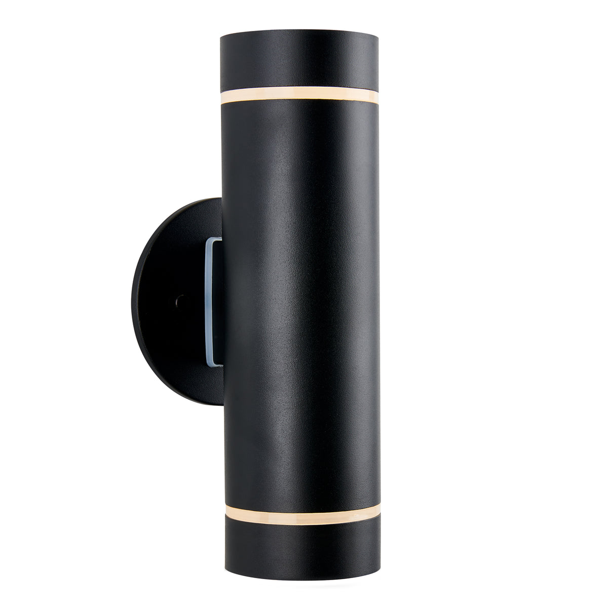 A modern cylindrical black wall sconce with a matte finish, mounted on a round base. The light features narrow frosted bands near the top and bottom edges for illumination.