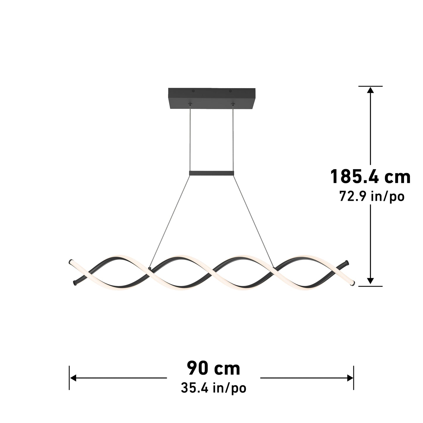 The Artika-CAN-dev DNA Linear LED modern pendant light features a wave-shaped matte black design, measures 90 cm (35.4 in) wide, hangs 185.4 cm (72.9 in), and includes energy-efficient integrated LEDs suspended by two wires.