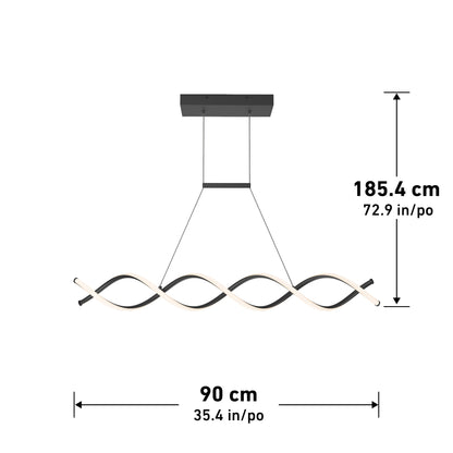 The Artika-CAN-dev DNA Linear LED modern pendant light features a wave-shaped matte black design, measures 90 cm (35.4 in) wide, hangs 185.4 cm (72.9 in), and includes energy-efficient integrated LEDs suspended by two wires.