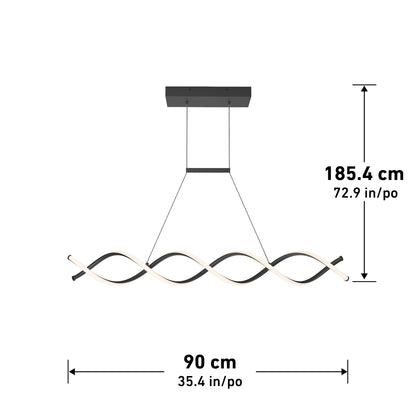 The DNA Linear LED modern pendant light by Artika features a wavy double-helix design, rectangular ceiling mount, height of 185.4 cm (72.9 in), and width of 90 cm (35.4 in).