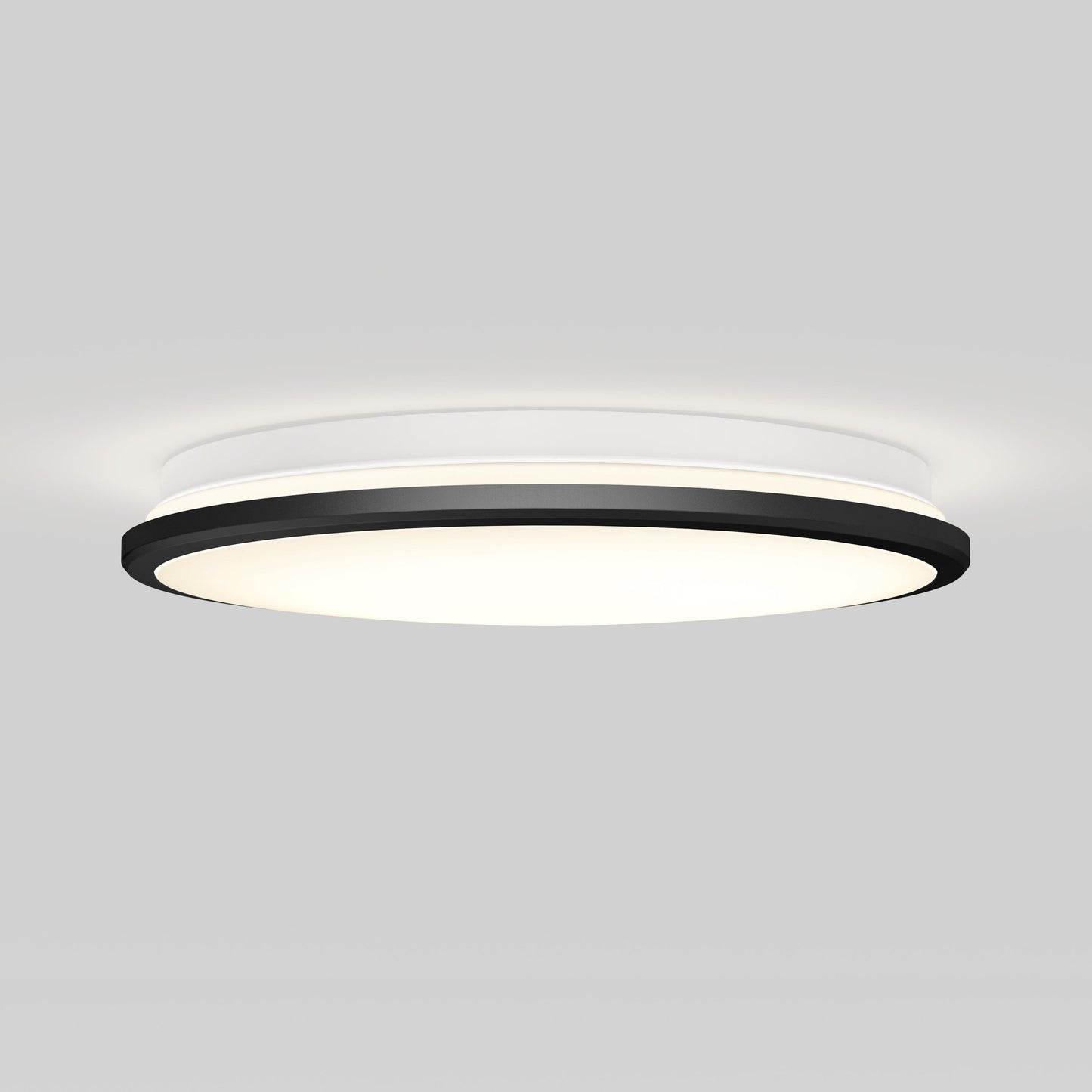 The Artika-CAN-dev Vera 13 in. LED modern flush mount light features a round design with a black rim and white diffused panel, ideal for living rooms. It mounts on light gray ceilings and works with LED dimmers for adjustable brightness.
