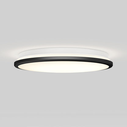 The Artika-CAN-dev Vera 13 in. LED modern flush mount light features a round design with a black rim and white diffused panel, ideal for living rooms. It mounts on light gray ceilings and works with LED dimmers for adjustable brightness.