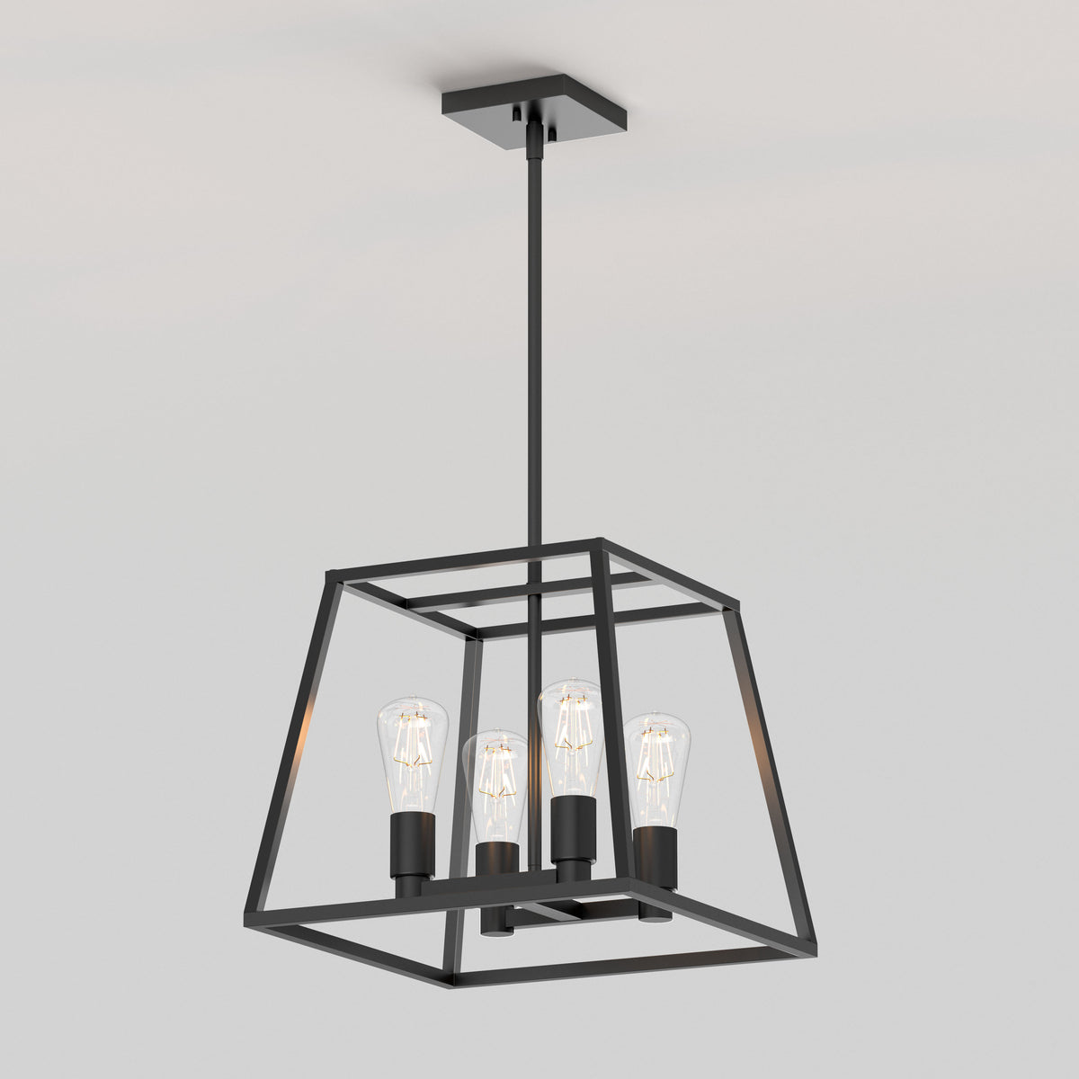 Black metal pendant light with a geometric square frame and four exposed bulbs, suspended from a rectangular ceiling mount against a plain white ceiling.