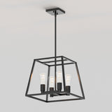 Black metal pendant light with a geometric square frame and four exposed bulbs, suspended from a rectangular ceiling mount against a plain white ceiling.