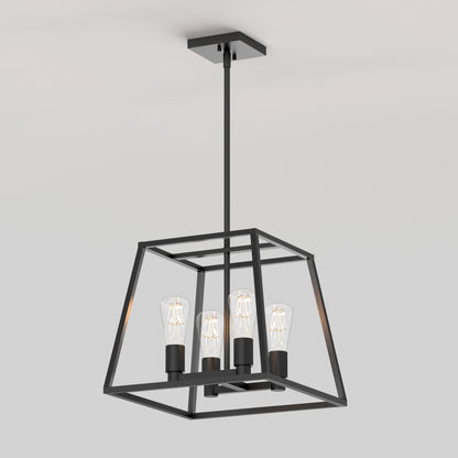 The Artika Carter Square 4-light Chandelier is a modern black metal fixture with a geometric open-frame design and four exposed bulbs, suspended from the ceiling on a straight rod mount.