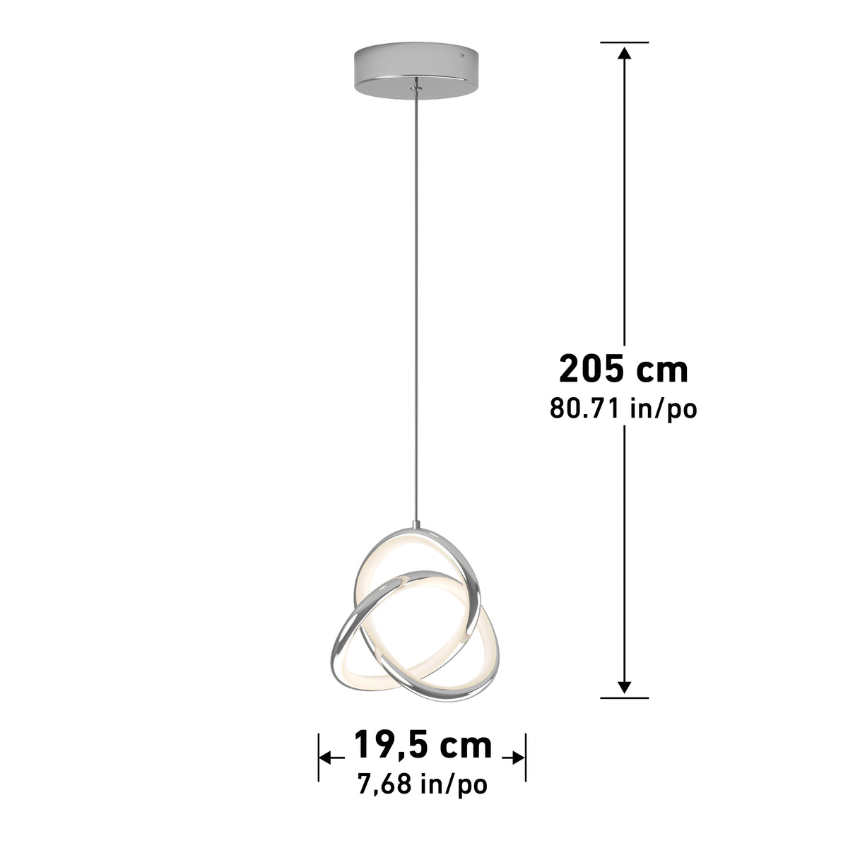 Modern pendant light with interlocking LED rings, suspended from a round ceiling mount. The length is 205 cm (80.71 inches) and the width is 19.5 cm (7.68 inches). Dimensions are labeled with arrows.