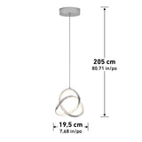 Modern pendant light with interlocking LED rings, suspended from a round ceiling mount. The length is 205 cm (80.71 inches) and the width is 19.5 cm (7.68 inches). Dimensions are labeled with arrows.