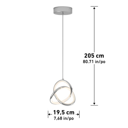 The Zephyr LED pendant by Artika features intertwined LED rings and hangs from a round ceiling mount. It measures 205 cm (80.71 in) tall and 19.5 cm (7.68 in) wide, with both vertical and horizontal dimensions shown.