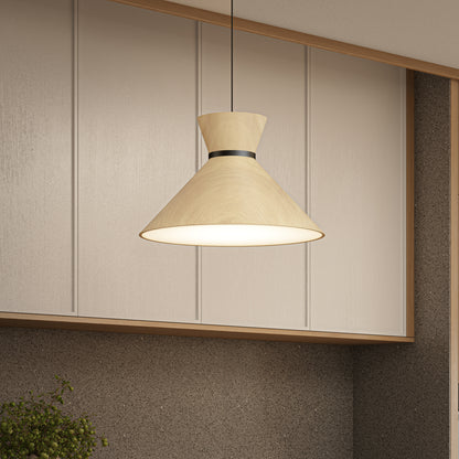 The Artika Inoa LED pendant light 5 CCT in black and wood hangs from the ceiling in a minimalist kitchen featuring beige panel walls and a speckled countertop below.