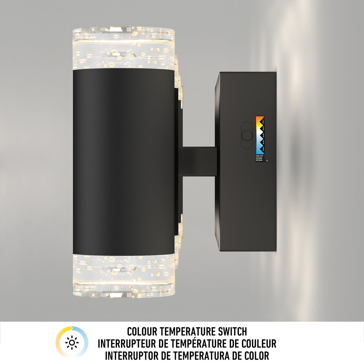 Artika’s Mist 26-in (67 cm) Integrated LED 5-CCT Vanity Light Bar is mounted on a gray wall, featuring an adjustable color balance switch and a caption in four languages—ideal for bathroom lighting.