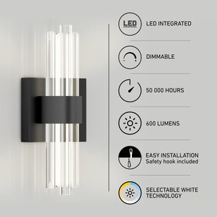 Artika’s Dorado contemporary LED wall sconce features gold finish, vertical glass rods, and a black base. Key features: integrated LED, 3 CCT dimmable, 50,000-hour lifespan, 600 lumens brightness, and easy installation.