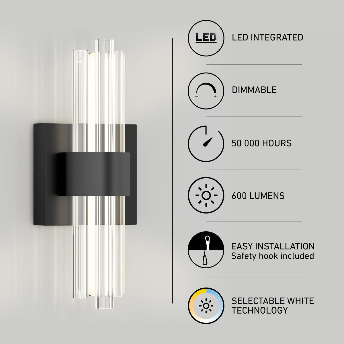 A modern wall sconce with vertical LED tubes and a black rectangular base. Icons and text highlight features: LED integrated, dimmable, 50,000 hours, 600 lumens, easy installation, and selectable white technology.
