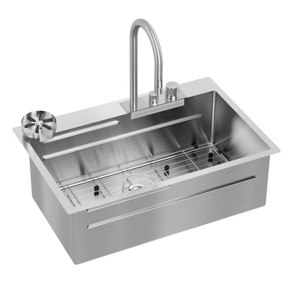 The Artika Neoflow single bowl stainless steel sink features a rectangular basin, high-arc faucet, integrated soap dispenser, metal bottom rack, and a round drain cover.