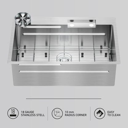 Top view of the Artika Neoflow single bowl stainless steel sink with circular drain, grid, and faucet hole; icons show 18-gauge steel, 10 mm radius corners, and easy-to-clean design.