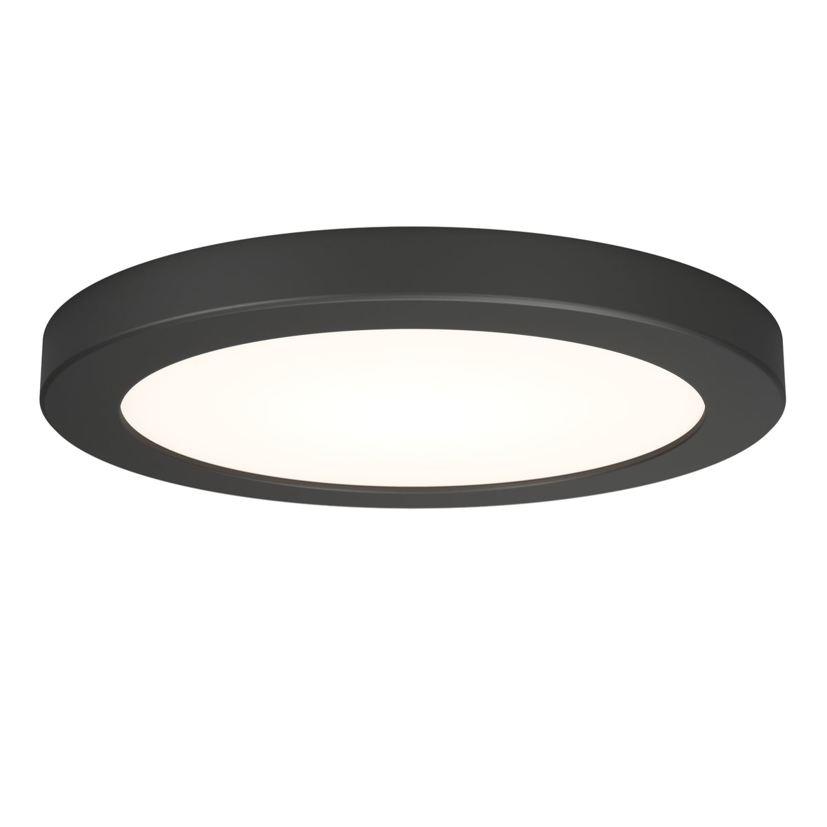 A round, flat, black LED ceiling light with a white illuminated center, viewed from below against a white background.