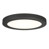 A round, flat, black LED ceiling light with a white illuminated center, viewed from below against a white background.
