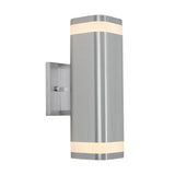 A modern brushed steel wall sconce with a rectangular base and cylindrical body, featuring frosted light bands at the top and bottom, mounted on a white background.
