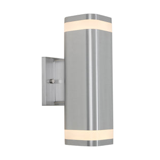 The Artika Mettle LED indoor-outdoor wall light features a modern stainless steel design with a rectangular base, cylindrical body, and horizontal frosted bands that emit efficient Energy Star LED lighting.