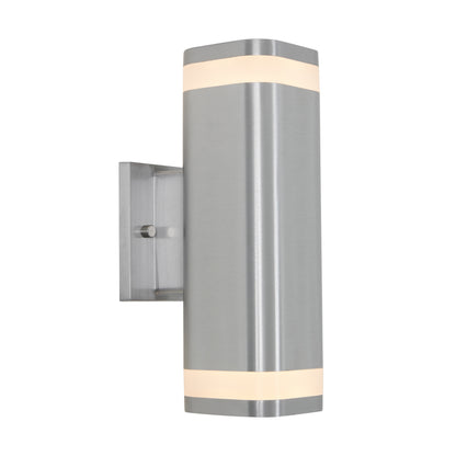 The Artika Mettle LED indoor-outdoor wall light features a modern stainless steel design with a rectangular base, cylindrical body, and horizontal frosted bands that emit efficient Energy Star LED lighting.