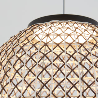 The Artika Benson LED pendant light 5 CCT features a woven rattan shade with a crisscross pattern, illuminated by an LED bulb and hanging from a black cord against a plain light background.