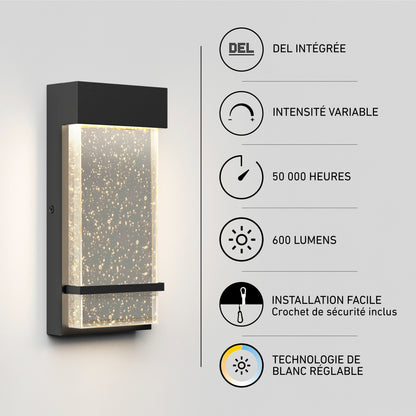 Artika Skyler indoor-outdoor LED wall light in black with bubble glass, featuring tunable white output and a 50k-hour lifespan.