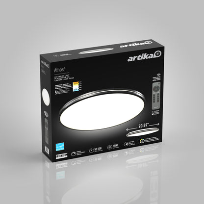 The Artika Athos 21 in. LED flush mount light box features a round white fixture, remote control, energy ratings, specs like 50,000-hour lifespan and 2500 lumens, all shown on a black background.
