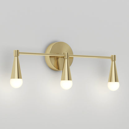 The Artika Wayden LED mid-century bathroom vanity light features three frosted bulbs in teardrop-shaped fixtures, mounted on a round gold backplate, perfect for modern spaces.