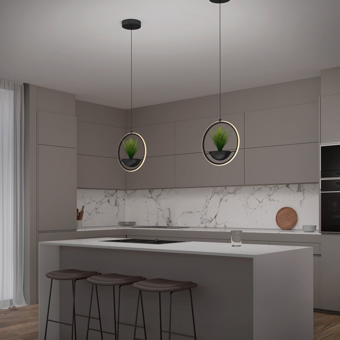 Modern kitchen with taupe cabinets, marble backsplash, and white island with three dark stools. Above the island hang two Artika Colin LED modern planter pendant lights, each featuring circular frames and space for potted plants. A glass sits on the counter.