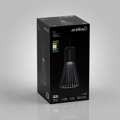 A black Artika Kiyo modern LED pendant 3 CCT box shows the stylish black fixture, product details, features, and certification logos on a reflective surface with a gray background.