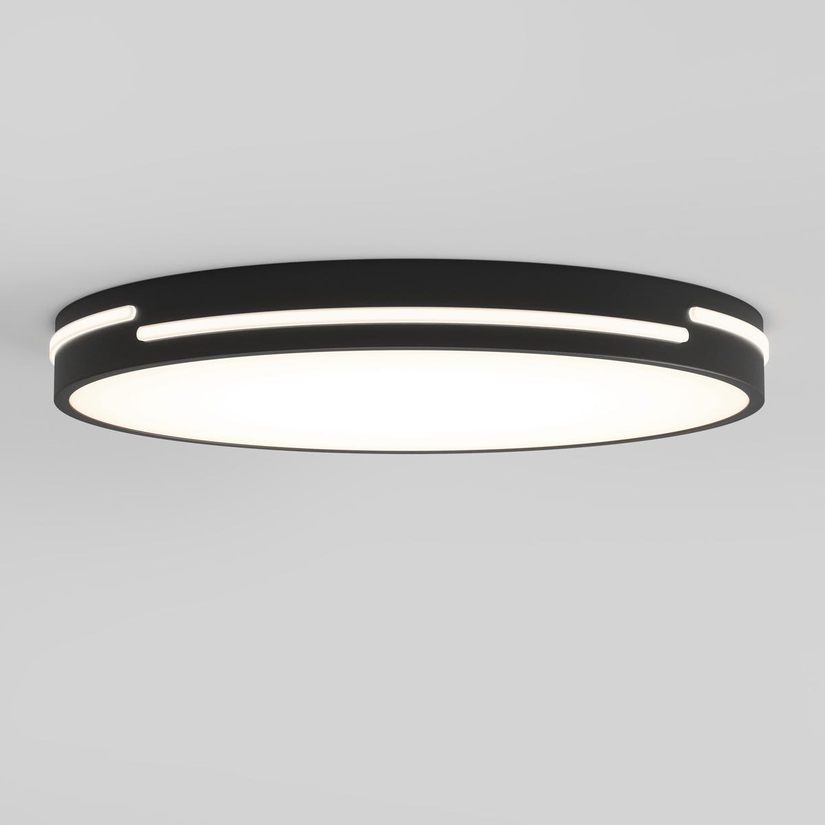 The Artika Delray 15.7 in. LED modern flush mount light features a black outer ring, glowing white center, horizontal edge slits for accent lighting, and is mounted on a plain white ceiling. Offers 5 CCT options for customizable ambiance.