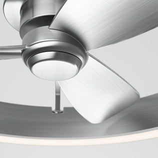 Close-up of the Artika Edwin 23 in. LED modern ceiling fan, featuring three blades, a circular LED light ring, and brushed metal finish—sleek industrial design with 3 speeds and remote control, displayed against a plain light background.