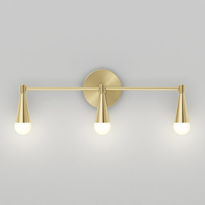 The Artika Wayden LED mid-century bathroom vanity light features a gold finish, three cone-shaped fixtures with round white bulbs, and a circular backplate, shown against a plain gray background.